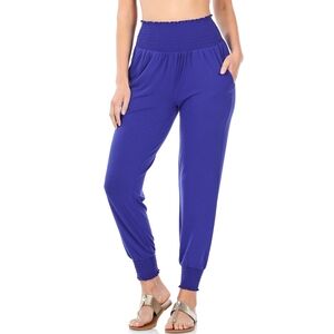 Zenana Outfitters Smocked High-Waist Jogger Pants - Blue